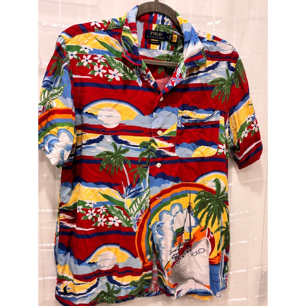 Polo Ralph Lauren Mens Tropical Island Sailboat Print Viscose Shirt Red Medium